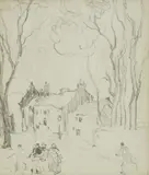 James Watterson Herald, Angus village scene, pencil; pen and ink, verso