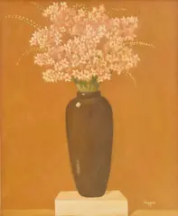 Jack Vettriano, Flowers in a brown vase, 1970, oil on board