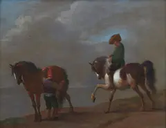 Pieter Wouwerman, A horseman and his groom, oil on panel
