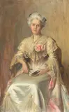 Beatrice Bright, Portrait of Jessie Lockett Mackie, wife of Sir Peter J Mackie, seated, three-quarter-length, in a white dress, holding a book in her left hand, oil on canvas