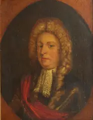 English School, Portrait of Alexander, 3rd Earl of Antrim, bust length, wearing armour, with red sash and periwinkle wig, oil on canvas, painted oval