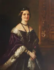 Edwin Long Ra, Portrait of Laura Cecilia, wife of Hugh Seymour MacDonnell, 9th Earl of Antrim, three quarter length, wearing an ermin trimmed purple stole and a suite of jet jewellery, oil on canvas