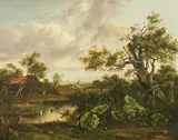 James Nasmyth, River landscape with thatched cowshed and a windmill in the distance, oil on canvas