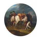 Sir Edwin Henry Landseer Ra, The deerstalkers' return, oil on thick board, round