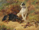 Nora Drummond, Terriers with the day's rabbits, oil on canvas