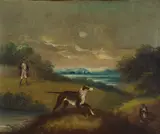 English Provincial School, Portrait of huntsman and dog in landscape, oil on canvas