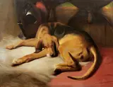 Sir Edwin Henry Landseer Ra, A recumbent Bloodhound beside a fireplace, oil on canvas