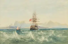 A sail and steam ship of the line off Mount Sinai in the Red Sea by Andrew Nicholl Rha, watercolour, sold Sep 2025