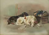 William Woodhouse, An English and a Gordon Setter resting with the day's bag, oil on canvas