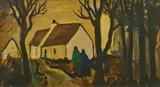 Markey Robinson, Cottages and figures on the edge of a woodland, oil on board