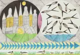 Fish-bowl and House by R.S.W. Scottie Wilson R.S.A., ink and felt tip pen, offered Jun 2025
