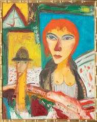John Bellany Cbe Ra Hrsa LLD, Woman with red hair and self portrait wearing a hat, oil on canvas