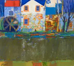 George Birrell, Watermill Buildings, oil on board