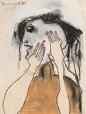 Pat Douthwaite, Pink manicure, charcoal and pastel on cream paper