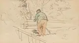George Leslie Hunter, Figure in a garden, ink and watercolour