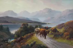 Henry Robinson Hall, 'Highland Cattle - Head of Loch Lomond (Evening)', oil on canvas