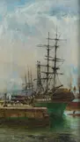 Charles James Lauder Rsw, Ship in dock, oil on canvas