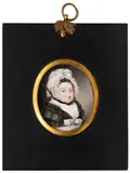 John Cox Dillman Engleheart, Portrait miniature of a lady, in a black cape and white bonnet, oil on ivory