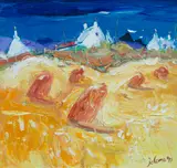 John Lowrie Morrison, 'Haystacks & Crofts, Sanna', oil on board
