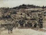 'Hillside and Terrace, Tuscany' by Victoria Crowe Obe Rsa Rsw, ink and wash, sold Mar 2025