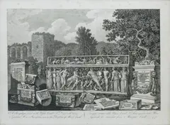 'A Sarcophagus found in the Vigna Casali A.D.1775 with various Sepulchral Urns & Inscriptions now in the possession of Monsigr Casali' by Carlo Labruzzo, engraving, offered Mar 2025