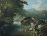 British School, Angler by a Highland waterfall, oil on canvas