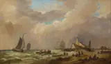 Coastal scene with busy shoreline and mixed shipping by English School, oil on canvas, offered Mar 2025