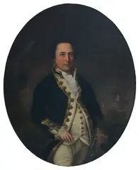 Portrait of a Naval Officer, three-quarter length with ship to the background by English School, oil on canvas, oval, sold Mar 2025