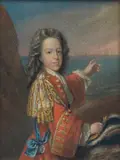 François de Troy, Portrait of James Francis Edward Stuart, half length, wearing a red jacket and holding a black tricorn hat, pointing to a fleet in the distance, watercolour