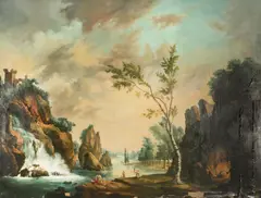 Joseph Vernet, Figures at leisure by a waterfall in an Italianate landscape, oil on canvas