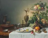 Jan Jacob Fels, Mixed fruit on a silver gilt tazza, oysters on a Chinese Imari plate and a wine glass, a ewer, fruit and other objects on a draped table, oil on canvas