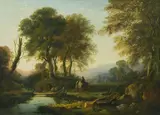 William Traies, River landscape with figures and church, oil on canvas