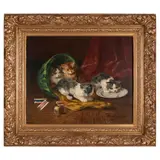 The Kittens and the Bee by Alfred-Arthur Brunel de Neuville, oil on canvas, sold Oct 2025