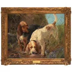 John Sargeant Noble, Otterhounds at the Stream, 1875, oil on canvas