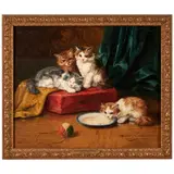 Kittens with a Saucer of Milk and a Ball by Alfred-Arthur Brunel de Neuville, oil on canvas, sold Oct 2025