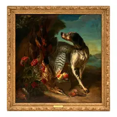 Gerard Rysbraeck, A Hunting Dog with Birds and Fruit, oil on canvas mounted to panel