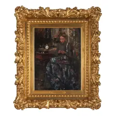 A Woman Sewing at Her Desk by Alfred Emile Leopold Stevens, oil on panel, sold Oct 2025