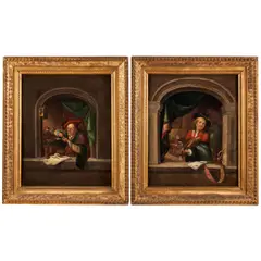 Gerrit Dou, A Pair of Genre Scenes: The Old Schoolmaster and Violin Player, oil on tin