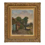 Henri Houben, A Village Path with Cottages and Sheep at Sunset, oil on canvas