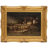 Jules Bathieu, Feeding Sheep in the Barn, oil on canvas