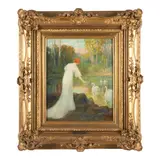 European School, A Girl in White with Swans, oil on panel