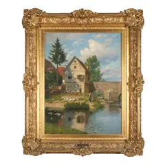 Wilhelm Eilers, House Along the River with Ducks and Children, oil on canvas