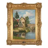 Wilhelm Eilers, House Along the River with Ducks and Children, oil on canvas