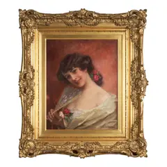 Daniel Hernández Morillo, A Woman with a Fan and Roses in Her Hair, oil on canvas mounted to board