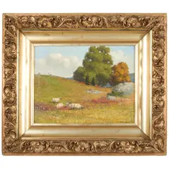 Frederick Mortimer Lamb, Autumn Landscape with Sheep in a Meadow, oil on canvas
