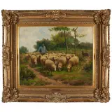 Frans De Beul, Herding Sheep Down a Country Path, oil on canvas