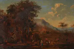 French School, An Extensive Landscape with Figures in the Foreground, oil on paper laid down to Masonite