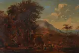 French School, An Extensive Landscape with Figures in the Foreground, oil on paper laid down to Masonite