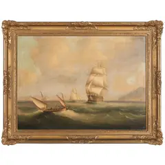 Thomas Whitcombe, A British Man of War, Sloop Yacht, and Fishing Boat, circa 1800, oil on canvas