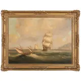 Thomas Whitcombe, A British Man of War, Sloop Yacht, and Fishing Boat, circa 1800, oil on canvas